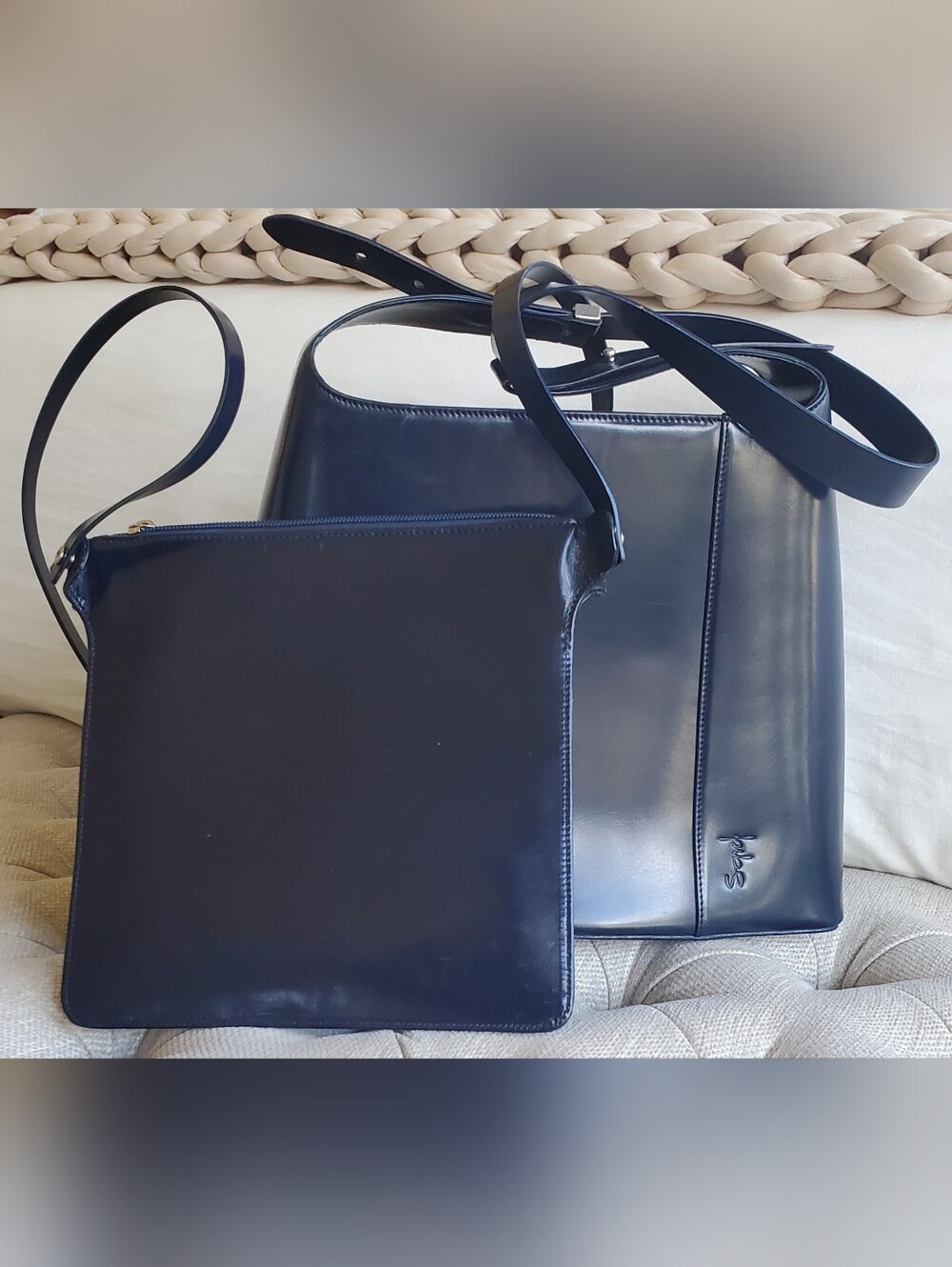 VTG SAPAF Atelier Navy Leather Convertible Tote Set Modular Snap-In Pouch ITALY